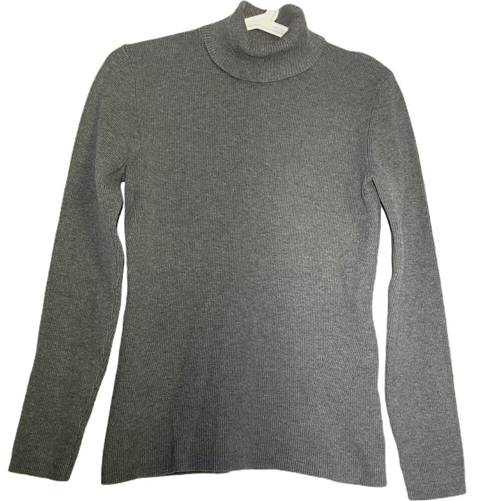 Orvis Turtleneck Ribbed Knit Cotton Slim Long Sleeve Fold Over Gray S